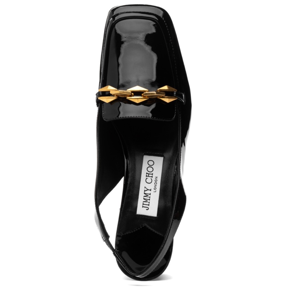 Jimmy Choo Black Patent Heels with Gold Chain